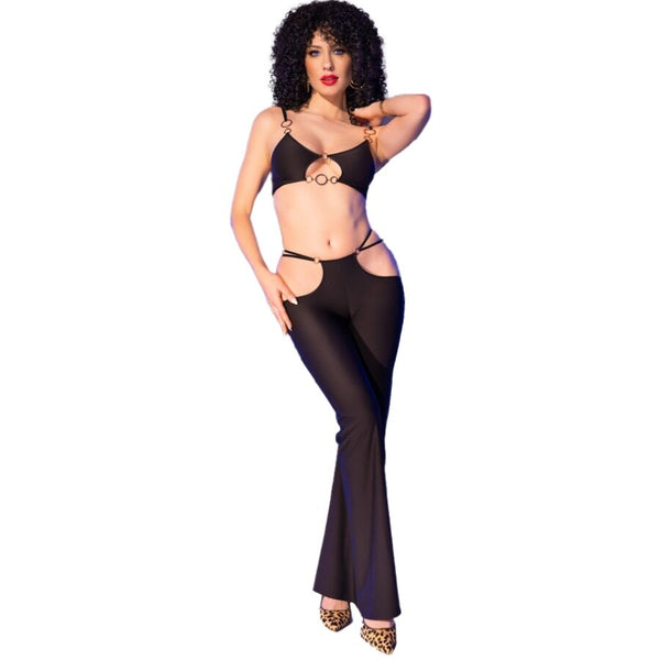 CHILIROSE - CR 4851 SET TOP E LEGGINGS NERI CON ACCESSORI DORATI L