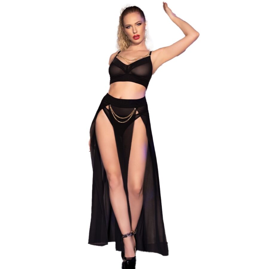 CHILIROSE - CR 4672 GONNA TOP NERA E PERIZOMA CON CATENE ORO L