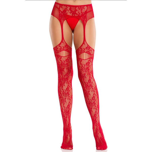 LEG AVENUE - CALZE IN PIZZO CON GIARRETTIERE ROSSE