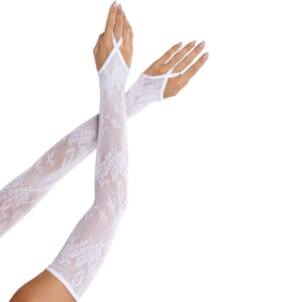 LEG AVENUE - GUANTI SCALDA MANICOTTI IN PIZZO FLOREALE EXTRA LUNGHI BIANCHI