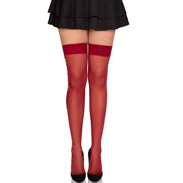 LEG AVENUE - CALZE CON CINTURA GIARRETTIERA 1957 CON FIORI ROSSI - TAGLIA UNICA