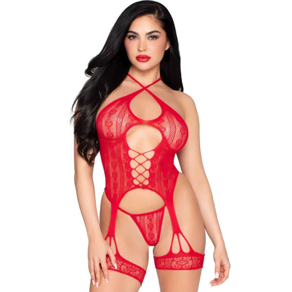 LEG AVENUE - 89338 BODY APERTO IN PIZZO CON CINTURINO E PERIZOMA ROSSO - TAGLIA UNICA